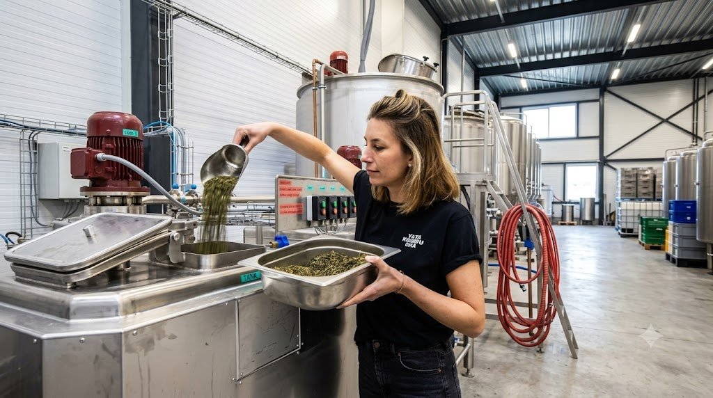 A brewer pouring tea into a vessel